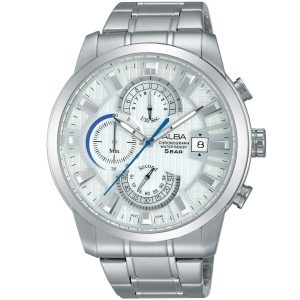 Am3171x1 alba watch men silver patterned dial stainless steel metal strap quartz movt japan analog chronograph water resist 5bar prestige
