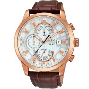 Am3178x1 alba watch men white patterned dial leather brown strap quartz movt japan analog chronograph water resist 5bar prestige