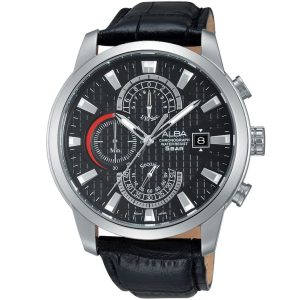 Am3181x1 alba watch men black patterned dial leather strap quartz movt japan analog chronograph water resist 5bar prestige