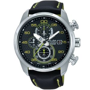 Am3245x1 alba watch men black patterned dial leather strap quartz movt japan analog water resist 10bar chronograph active