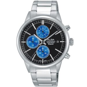 Am3277x1 alba watch men black dial stainless steel metal silver strap quartz movt japan analog chronograph water resist 5bar prestige