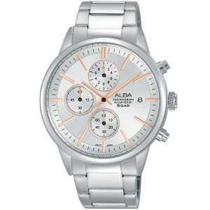 Am3279x1 alba watch men silver white dial stainless steel metal strap quartz movt japan analog chronograph water resist 5bar prestige