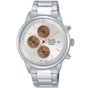Am3281x1 alba watch men silver white dial stainless steel metal strap quartz movt japan analog chronograph water resist 5bar prestige