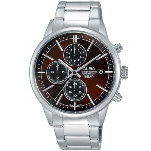 Am3283x1 alba watch men brown dial stainless steel metal silver strap quartz movt japan analog chronograph water resist 5bar prestige
