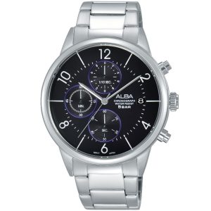 Am3285x1 alba watch men black dial stainless steel metal silver strap quartz movt japan analog chronograph water resist 5bar prestige