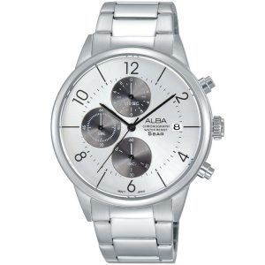 Am3287x1 alba watch men silver white dial stainless steel metal strap quartz movt japan analog chronograph water resist 5bar prestige