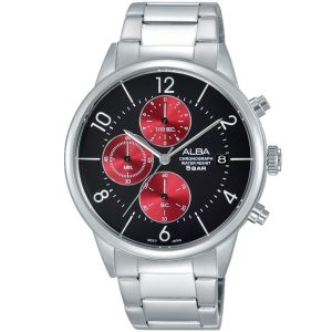 Am3289x1 alba watch men black dial stainless steel metal silver strap quartz movt japan analog chronograph water resist 5bar prestige
