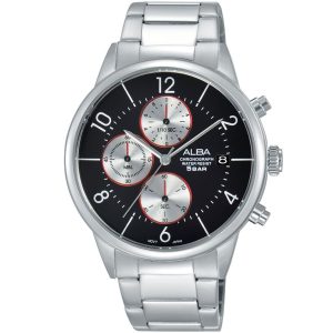 Am3291x1 alba watch men black dial stainless steel metal silver strap quartz movt japan analog chronograph water resist 5bar prestige