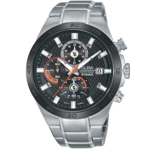 Am3293x1 alba watch men black patterned dial stainless steel metal silver strap quartz movt japan analog chronograph water resist 10bar active