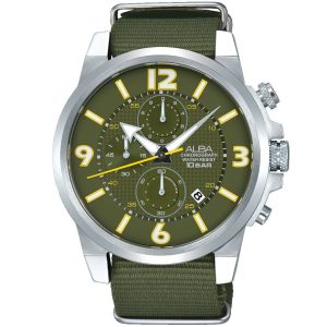 Am3371x1 alba watch men green dial fibers strap quartz movt japan analog chronograph water resist 10bar active
