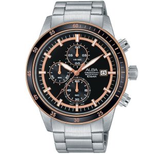 Am3372x1 alba watch men black dial stainless steel metal silver strap quartz movt japan analog chronograph water resist 10bar active