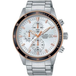 Am3374x1 alba watch men silver white dial stainless steel metal strap quartz movt japan analog chronograph water resist 10bar active
