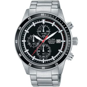 Am3375x1 alba watch men black dial stainless steel metal silver strap quartz movt japan analog chronograph water resist 10bar active