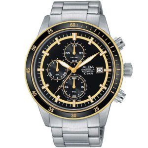 Am3376x1 alba watch men black dial stainless steel metal silver strap quartz movt japan analog chronograph water resist 10bar active