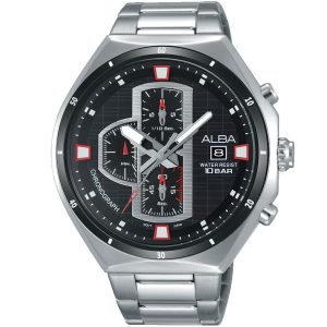 Am3385x1 alba watch men black patterned dial stainless steel metal silver strap quartz movt japan analog chronograph water resist 10bar