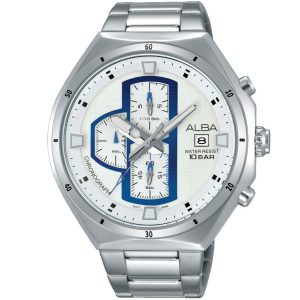 Am3391x1 alba watch men white patterned dial stainless steel metal silver strap quartz movt japan analog chronograph water resist 10bar