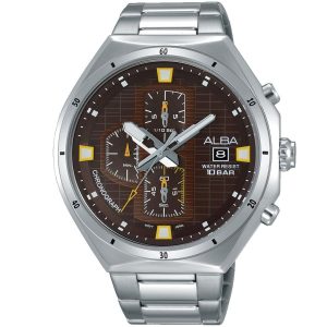 Am3393x1 alba watch men brown patterned dial stainless steel metal silver strap quartz movt japan analog chronograph water resist 10bar