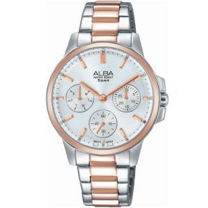 Ap6484x1 alba watch women silver white dial stainless steel metal rose gold two tone strap quartz movt japan analog water resist 5bar three hand fashion