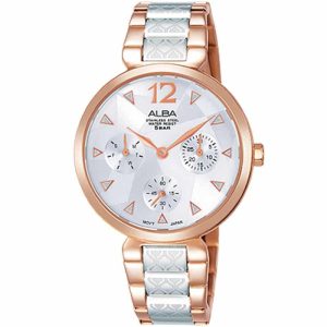 Ap6532x1 alba watch women silver patterned dial stainless steel water resist 5bar metal rose gold two tone strap quartz movt japan analog three hand fashion