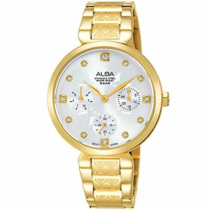 Ap6534x1 alba watch women silver patterned dial stainless steel water resist 5bar metal gold strap quartz movt japan analog three hand fashion