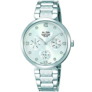 Ap6537x1 alba watch women silver patterned dial stainless steel water resist 5bar metal strap quartz movt japan analog three hand fashion