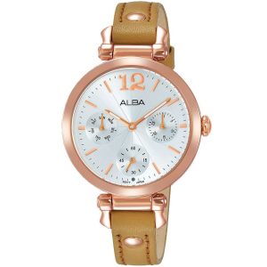 Ap6550x1 alba watch women silver patterned dial leather beige strap quartz movt japan analog three hand fashion