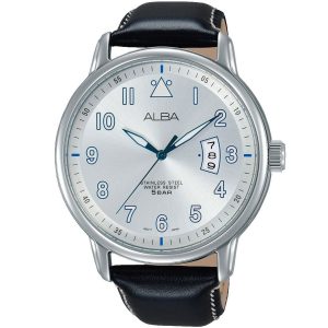 As9b31x1 alba watch men silver white dial leather black strap quartz movt japan analog stainless steel water resist 5bar three hand prestige