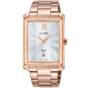 As9b50x1 alba watch men silver white dial stainless steel water resist 5bar metal rose gold strap quartz movt japan analog square three hand prestige