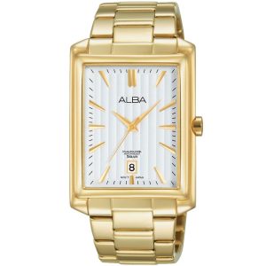 As9b52x1 alba watch men white dial stainless steel water resist 5bar metal gold strap quartz movt japan analog square three hand prestige