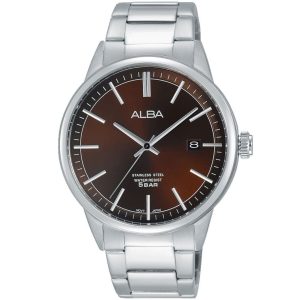 As9b83x1 alba watch men brown dial stainless steel water resist 5bar metal silver strap quartz movt japan analog three hand