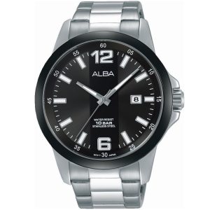 As9c41x1 alba watch men black dial water resist 10bar stainless steel metal silver strap quartz movt japan analog three hand active