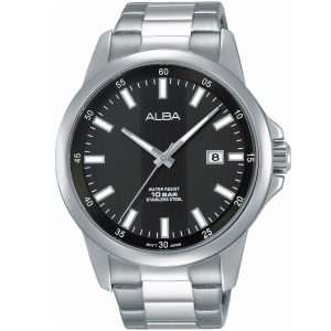 As9c43x1 alba watch men black dial water resist 10bar stainless steel metal silver strap quartz movt japan analog three hand active