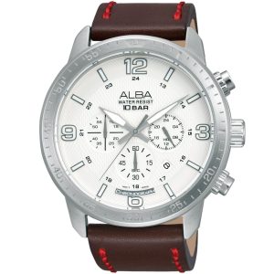 At3687x1 alba watch men white patterned dial leather brown strap quartz movt japan analog water resist 10bar chronograph
