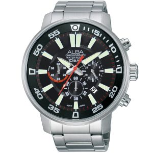 At3711x1 alba watch men black dial stainless steel metal silver strap quartz movt japan analog chronograph water resist 10bar active