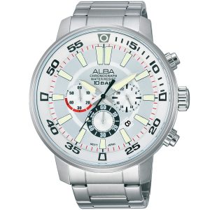 At3713x1 alba watch men silver white dial stainless steel metal strap quartz movt japan analog chronograph water resist 10bar active
