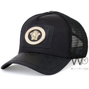 Gianni versace trucker leather cap black mesh snapback hat