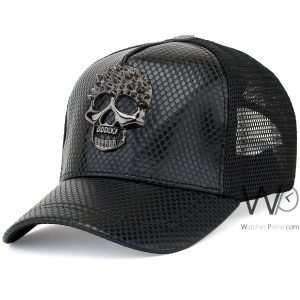 Trucker hat philipp plein pp skull black leather net cap