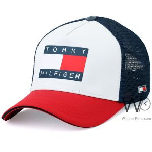 Trucker hat tommy hilfiger th 1985 white blue red cotton net cap