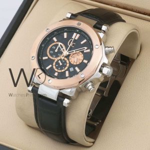 Guess collection gc black leather strap black dial chronograph men watch