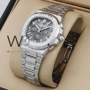 Patek philippe silver engraved stainless steel strap chronograph men watch