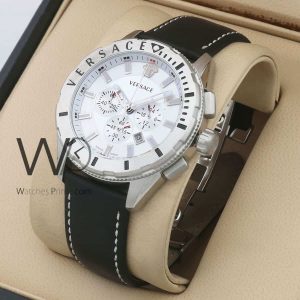 Versace black leather strap white dial chronograph men watch