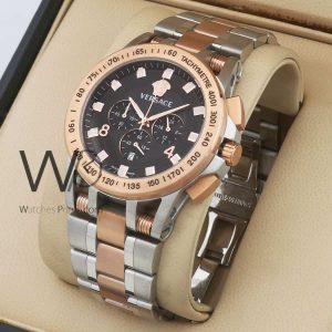 Versace silver rose gold two tone stainless steel strap black dial chronograph men watch