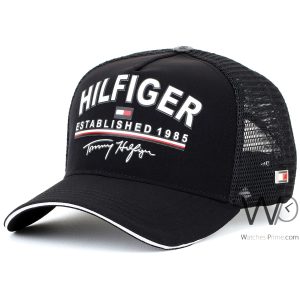 Tommy hilfiger trucker cap th established 1985 black cotton net hat