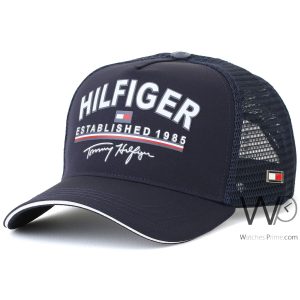Tommy hilfiger trucker cap th established 1985 navy blue cotton net hat