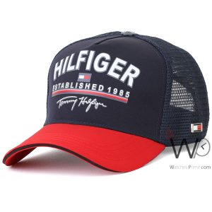 Tommy hilfiger trucker cap th established 1985 red blue cotton net hat