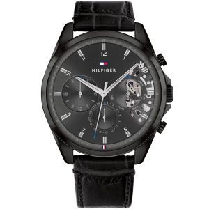 1710452 tommy hilfiger watch men black dial leather strap quartz battery analog monthly weekly date baker
