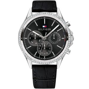 1781981 tommy hilfiger watch women black dial leather strap quartz battery analog monthly weekly date crystals ari