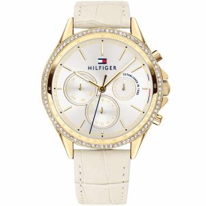 1781982 tommy hilfiger watch women white dial leather beige strap quartz battery analog monthly weekly date crystals ari