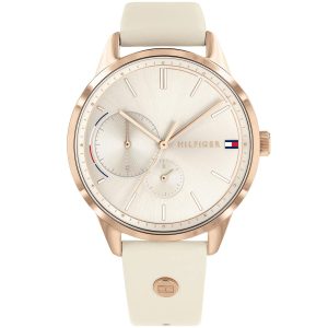 1782022 tommy hilfiger watch women beige dial leather strap quartz battery analog 4 hands brooke