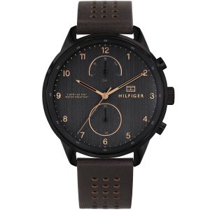 1791577 tommy hilfiger watch men black dial leather strap quartz battery analog monthly weekly date chase